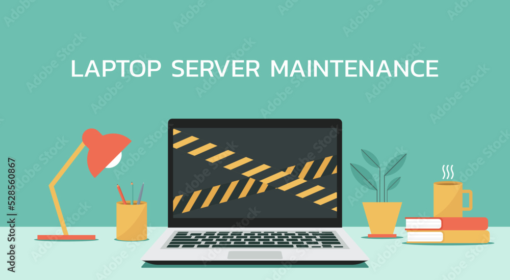 Poster computer laptop server system maintenance on table concept, technical error and service, flat vector