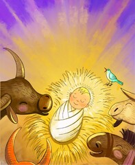 Holy child with donkey  lambs  goat and others.  Baby Jesus in a manger Illustration  © Tеtiana