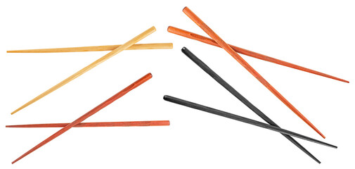 Collection of wooden chopsticks isolated on a white background, top view.