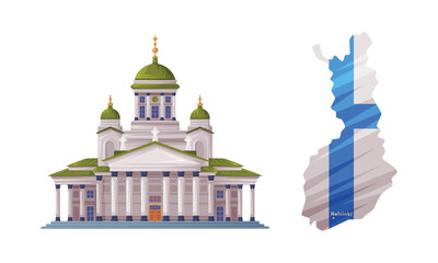 Helsinki Cathedral and Map Boundary as Finland Symbol and Attribute Vector Set