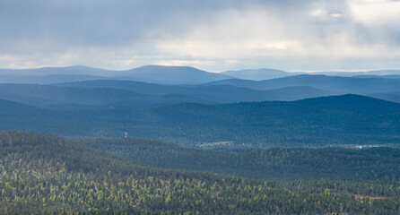 Misty mountain landscape in Lapland Finland