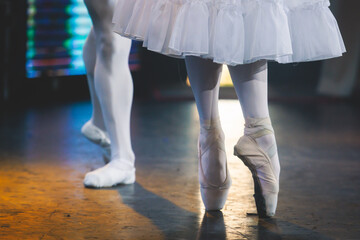 Ballet dancers couple during performance repetition, classic ballet rehearsal practicing in ballroom, view of legs in pointe shoes, ballerina and ballet dancer on a concert hall theatre stage © tsuguliev