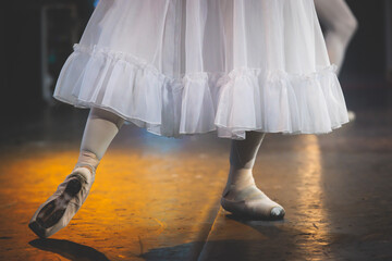 Ballet dancers couple during performance repetition, classic ballet rehearsal practicing in ballroom, view of legs in pointe shoes, ballerina and ballet dancer on a concert hall theatre stage © tsuguliev