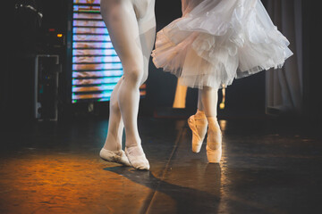 Ballet dancers couple during performance repetition, classic ballet rehearsal practicing in ballroom, view of legs in pointe shoes, ballerina and ballet dancer on a concert hall theatre stage © tsuguliev