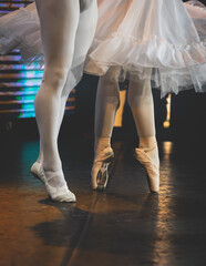 Ballet dancers couple during performance repetition, classic ballet rehearsal practicing in ballroom, view of legs in pointe shoes, ballerina and ballet dancer on a concert hall theatre stage © tsuguliev