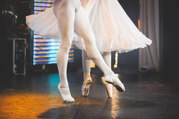 Ballet dancers couple during performance repetition, classic ballet rehearsal practicing in ballroom, view of legs in pointe shoes, ballerina and ballet dancer on a concert hall theatre stage © tsuguliev