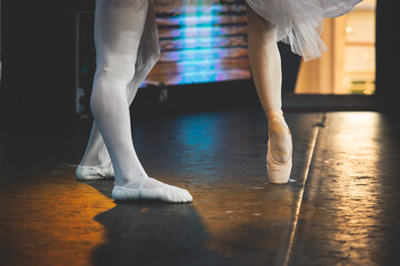 Ballet dancers couple during performance repetition, classic ballet rehearsal practicing in...