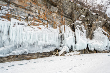 icicles on the rocks on the Lake Baikal