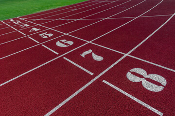 Track and field lanes and numbers. Running lanes at a track and field athletic center. Horizontal sport theme poster, greeting cards, headers, website and app