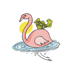 Cartoon pink flamingo swimming with turtle relaxing on his back vector illustration 