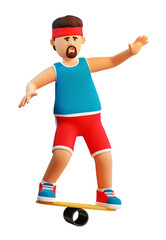 3d man on a balance board. Funny cartoon sportsman is balancing. 3d render.