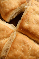 baked bread. Close up of pot brood or pot bread a traditional South African bread usually made in a cast iron pot on a braai 
