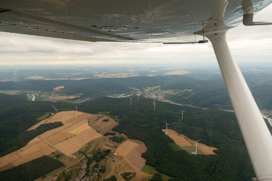 Wind power stations on a hill in Collenberg in Bavaria in Germany