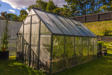 Gorgeous exterior view of private small garden with greenhouse for growing vegetables with condensation on glass from temperature changes.