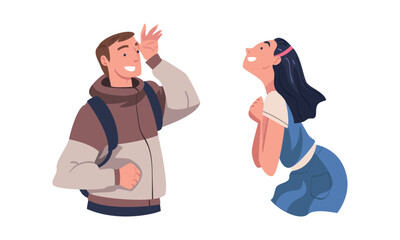 Man and Woman Looking at Something Interesting and Happy Smiling Vector Set