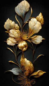 Luxury golden flower decorative background. Beautiful precious metal floral art. 3D illustration.