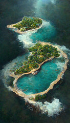 Fototapeta na wymiar Aerial view of small exotic atoll islands in the open ocean sea. Beautiful nature. 3D illustration.