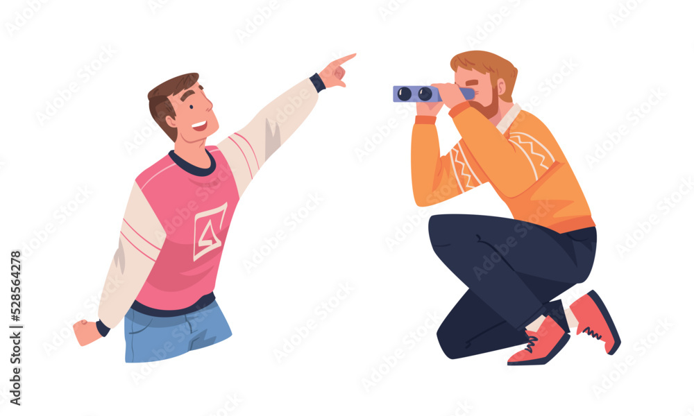 Poster man looking at something interesting with binoculars and pointing finger vector set