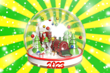 Festive background with a vintage steam locomotive in a snow globe.