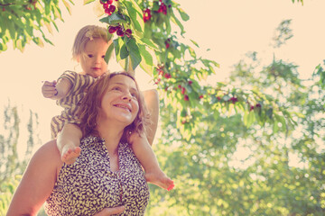 A little girl reaches for cherries on a tree. Mother helps cute child learn the world. Mom and daughter are harvesting cherries in the garden