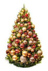 christmas tree with golden and red balls isolated on white background - 528565286