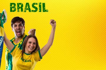 Brazilian Fans, couple Celebrating a yellow background.