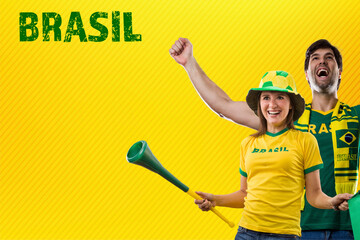 Brazilian Fans, couple Celebrating a yellow background.