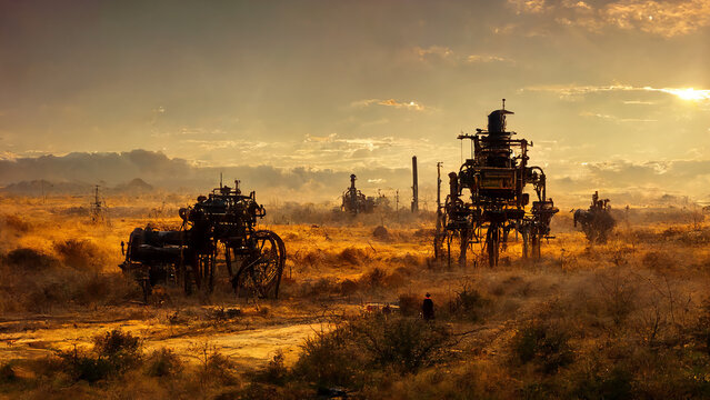 Agricultural Steampunk Machines in Wild West Landscape CG Digital Painting Art Illustration. Dieselpunk World AI Neural Network Computer Generated Abstract Background. Steam Punk Engineering Wallpaper