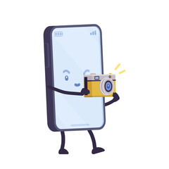 Smartphone cartoon character, mobile phone camera. Gadget performance in photo, video, display great resolution, flagship device model, professional photography app. Vector flat style illustration