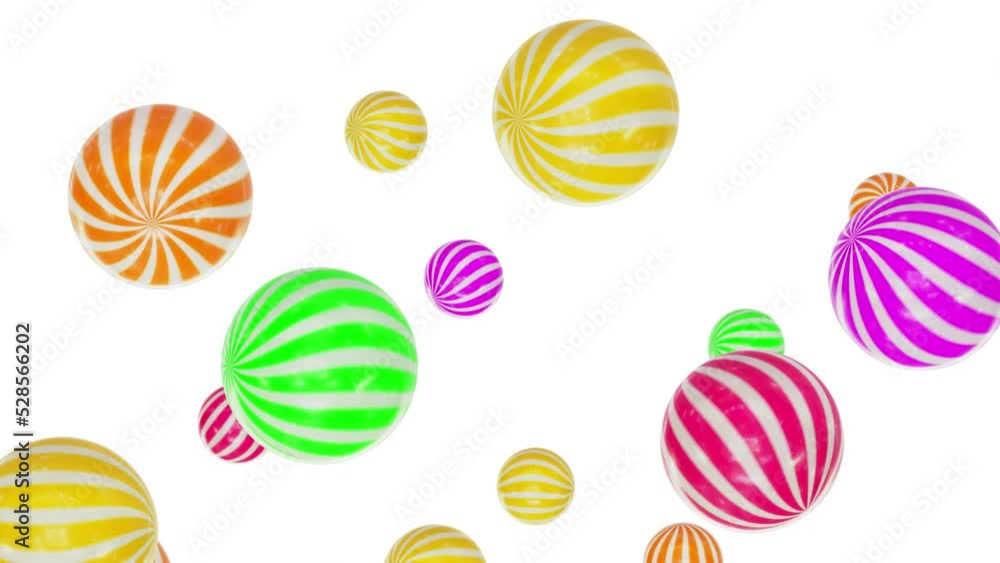Poster realistic looping 3d animation of the beautiful colorful striped delicious candies falling from the 