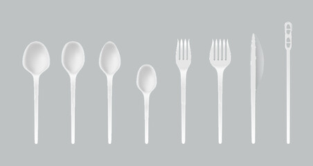 Realistic white plastic cutlery fork, knife, spoon, teaspoon, utensil. Disposable kitchen equipment
