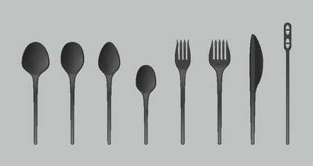 Disposable plastic spoon, fork and knife cutlery. Realistic black plastic party or picnic tableware