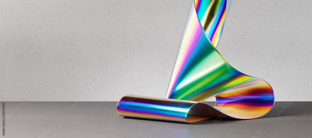 Poster 3d rendering, abstract minimalist background with holographic folded ribbon, colorful foil paper scr