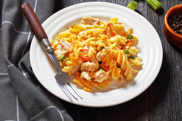 Chicken Pot Pie Fusilli pasta Bake on plate