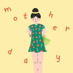 A mother's Day card with a cute girl holding a bouquet of flowers behind her back. Vector illustration