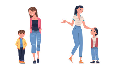 Obraz premium Mother Talking and Speaking to Her Son Answering Question Vector Illustration Set