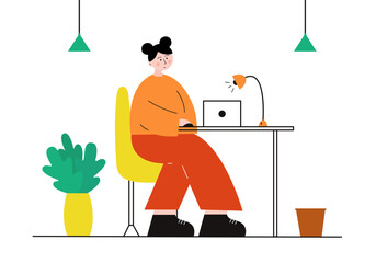 The flat girl works at the computer in the office. Vector illustration