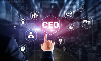 CEO concept. Businessman pressing virtual screen inscription boss
