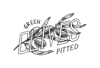Olive oil and branch of trees logo. Organic vegetarian product in bottle. Green plant badge emblem patch sticker. Engraved hand drawn in old vintage sketch. Vector illustration.