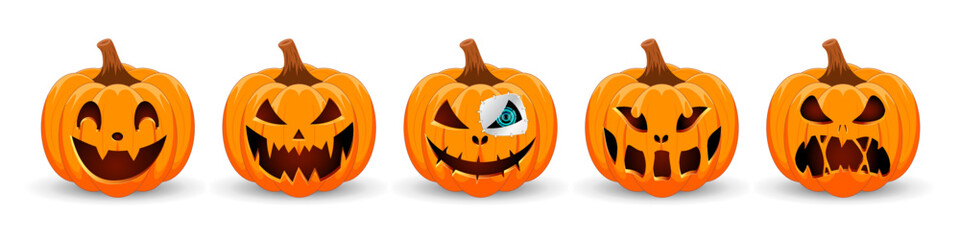 Happy Halloween banner. Pumpkins isolated. Main symbol of Happy Halloween holiday. Orange pumpkins with scary smile Halloween. Horizontal holiday poster, header for website.