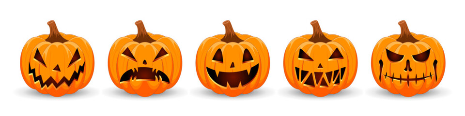 Happy Halloween banner. Pumpkins isolated. Main symbol of Happy Halloween holiday. Orange pumpkins with scary smile Halloween. Horizontal holiday poster, header for website.