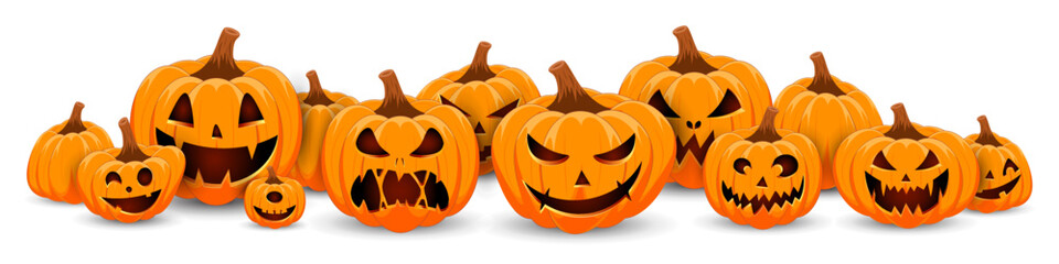 Happy Halloween banner. Pumpkins isolated. Main symbol of Happy Halloween holiday. Family pumpkins with scary smile Halloween. Horizontal holiday poster, header for website.