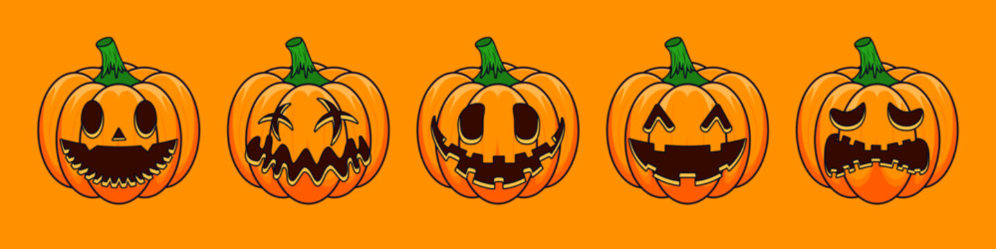 Happy Halloween outline drawing cartoon pumpkins. Main symbol of Happy Halloween holiday. Orange pumpkins with scary smile Halloween. Horizontal holiday poster, header for website.