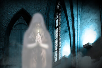 disembodied transparent ghost, young girl with long hair spirit, holds candle in her hands, stands...