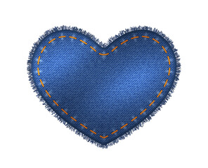 Heart shape patch of blue jeans denim texture. Realistic sturdy cotton twill fabric of jeans label