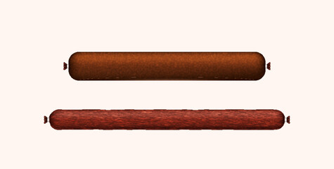 Realistic smoked wurst sausages. Tasty delicious beef or pork product. Dishes and bavarian fastfood