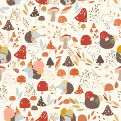 Seamless Pattern with Cute Hedgehogs, Mushrooms and Colorful Autumnal Leaves