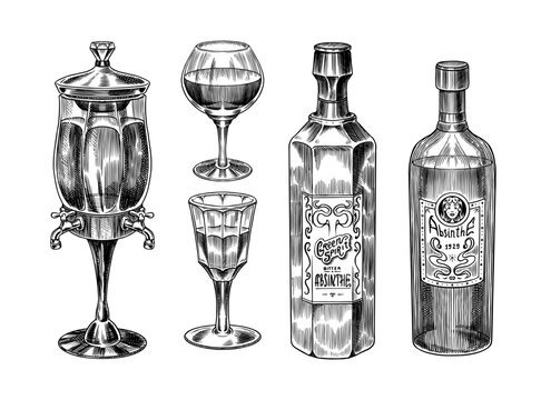 Bottle of Absinthe Glass shot. Label for retro poster or banner. Engraved hand drawn vintage sketch. Woodcut style. Vector illustration.
