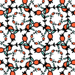 seamless double diamond pattern of red berries and turquoise leaves. a pattern of geometrically arranged round wreaths of hand-drawn branches in the style of doodles with red berries and green leaves 