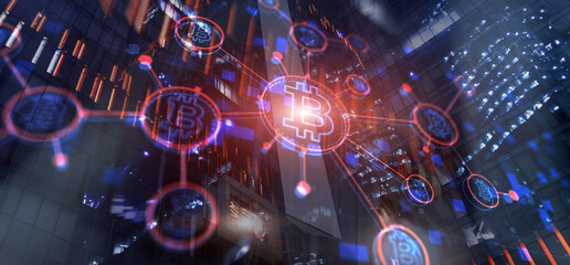 Bitcoin on corporate skyscrapers and office blocks background. Cryptocurrency future Technology